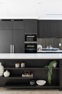 mirror splashback and black cabinets DGW