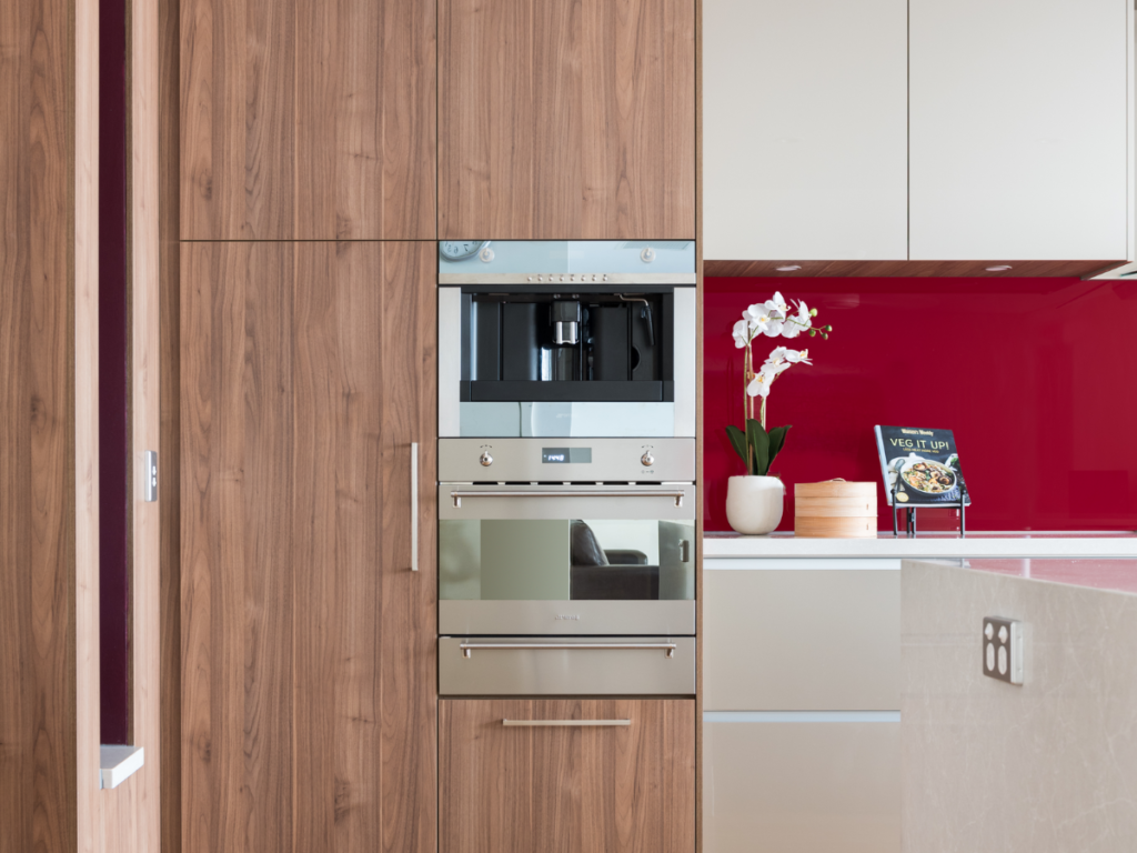 Red Mirror Splashback with Natural Timber