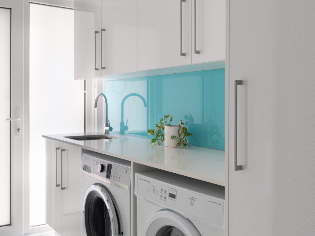 Blue Splashback Laundry Design Double Glazing West