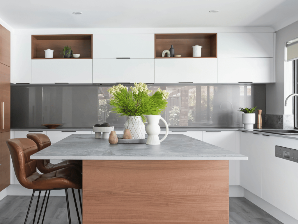 grey glass splashback in coastal kitchen