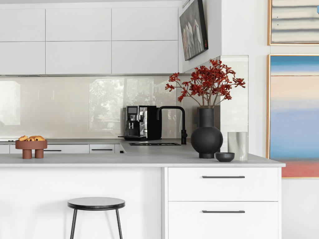 frothing mocha glass splashback in coastal kitchen